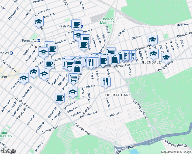 map of restaurants, bars, coffee shops, grocery stores, and more near 74-21 62nd Street in Queens