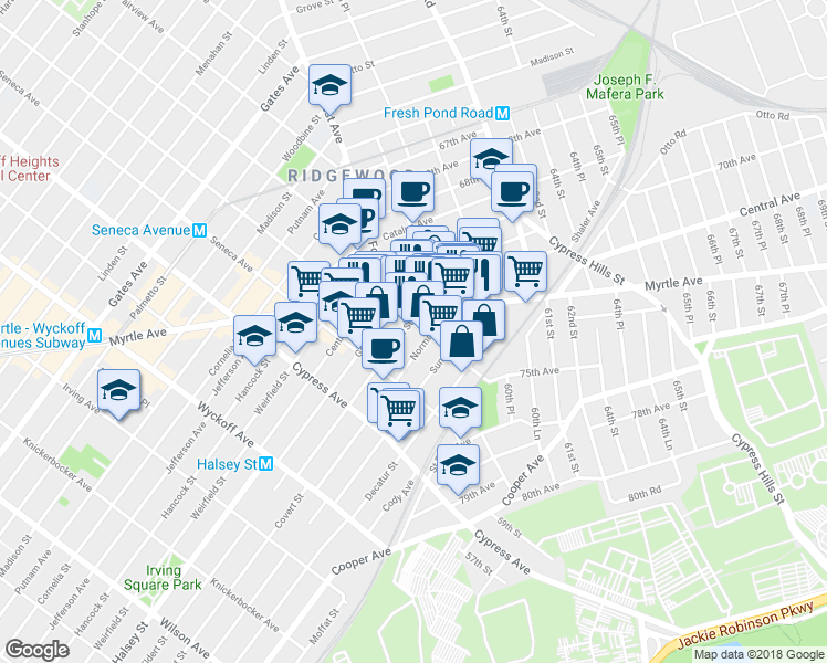 map of restaurants, bars, coffee shops, grocery stores, and more near 72-20 Forest Avenue in Queens