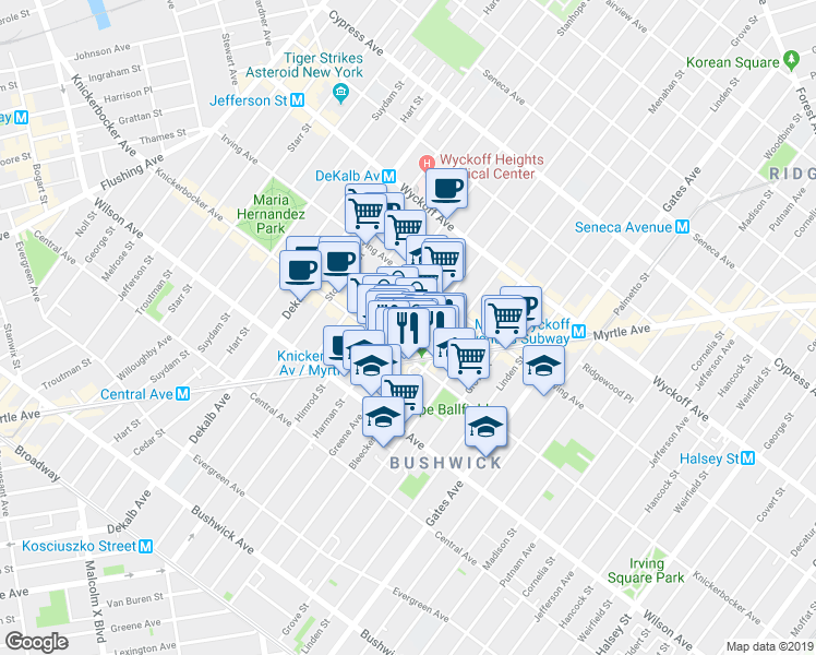 map of restaurants, bars, coffee shops, grocery stores, and more near 1333 Greene Avenue in Brooklyn