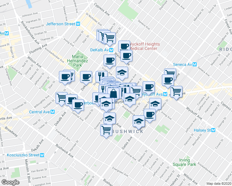 map of restaurants, bars, coffee shops, grocery stores, and more near 1333 Greene Avenue in Brooklyn