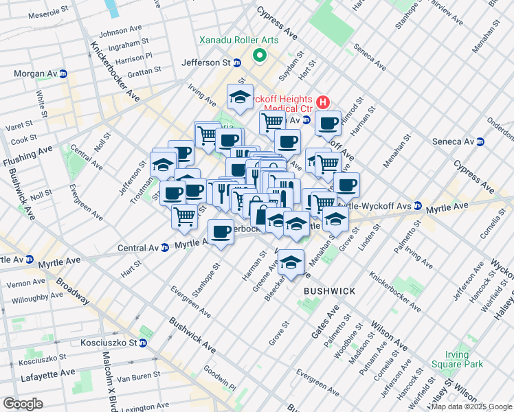 map of restaurants, bars, coffee shops, grocery stores, and more near 180 Stanhope Street in Brooklyn