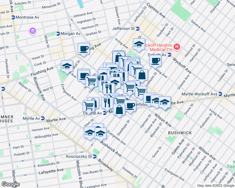 map of restaurants, bars, coffee shops, grocery stores, and more near 172 Suydam Street in Brooklyn