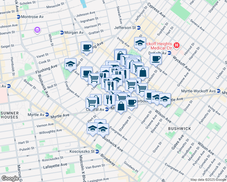 map of restaurants, bars, coffee shops, grocery stores, and more near 172 Suydam Street in Brooklyn