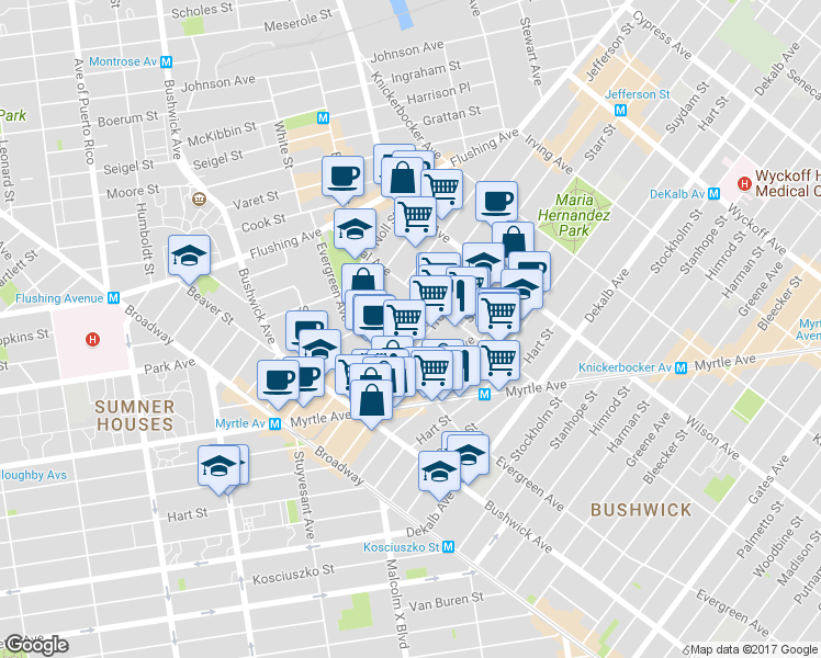 map of restaurants, bars, coffee shops, grocery stores, and more near 120 Jefferson Street in Brooklyn