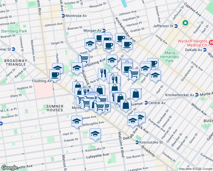 map of restaurants, bars, coffee shops, grocery stores, and more near 107 Melrose Street in Brooklyn