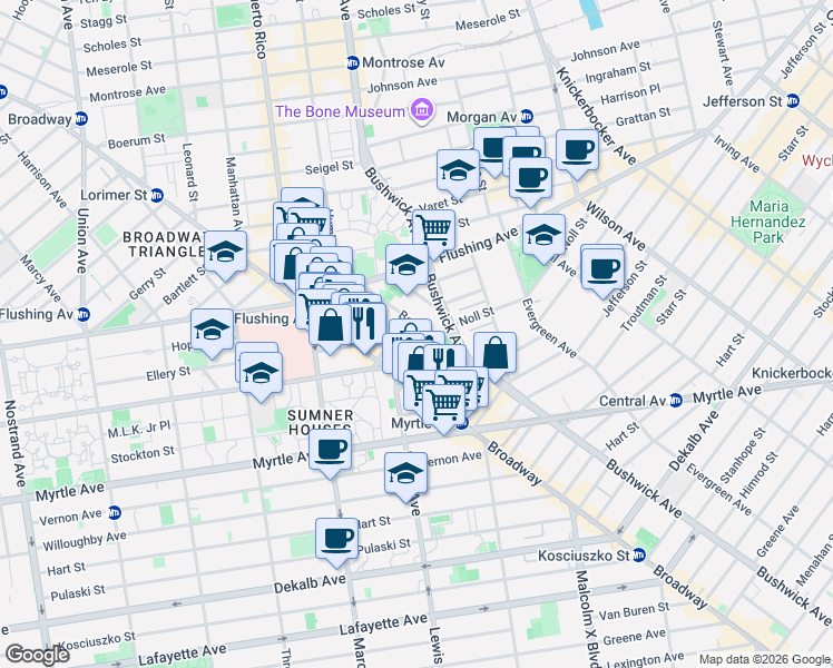 map of restaurants, bars, coffee shops, grocery stores, and more near 24 Park Street in Brooklyn