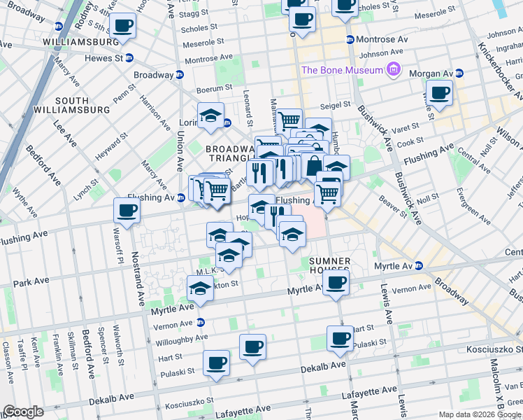 map of restaurants, bars, coffee shops, grocery stores, and more near 171 Hopkins Street in Brooklyn