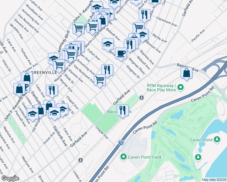 map of restaurants, bars, coffee shops, grocery stores, and more near 13 Woodlawn Avenue in Jersey City