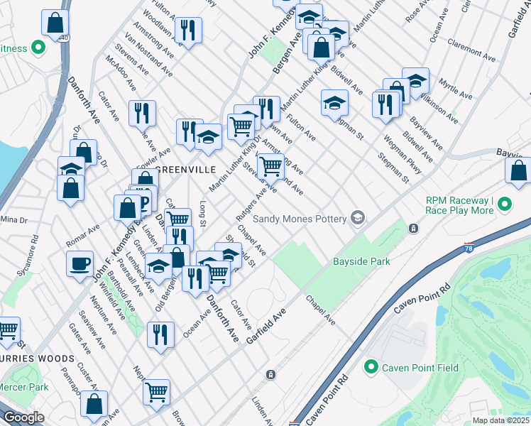 map of restaurants, bars, coffee shops, grocery stores, and more near 48 Warner Avenue in Jersey City