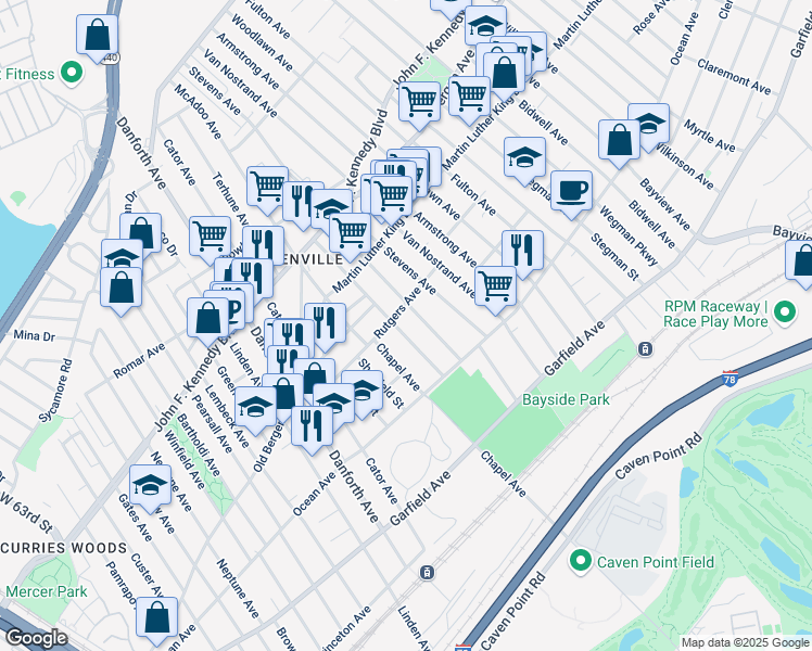 map of restaurants, bars, coffee shops, grocery stores, and more near 48 Warner Avenue in Jersey City