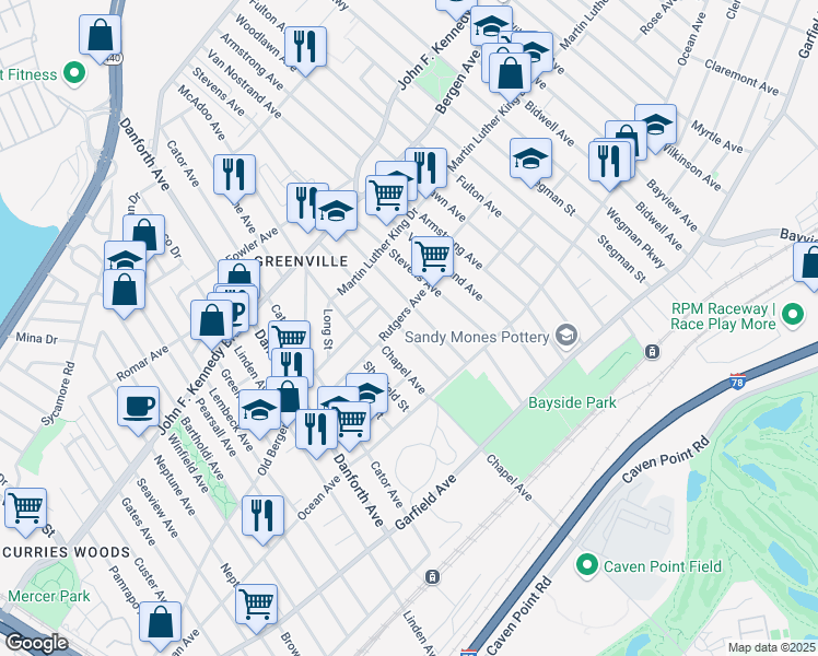 map of restaurants, bars, coffee shops, grocery stores, and more near 48 Warner Avenue in Jersey City
