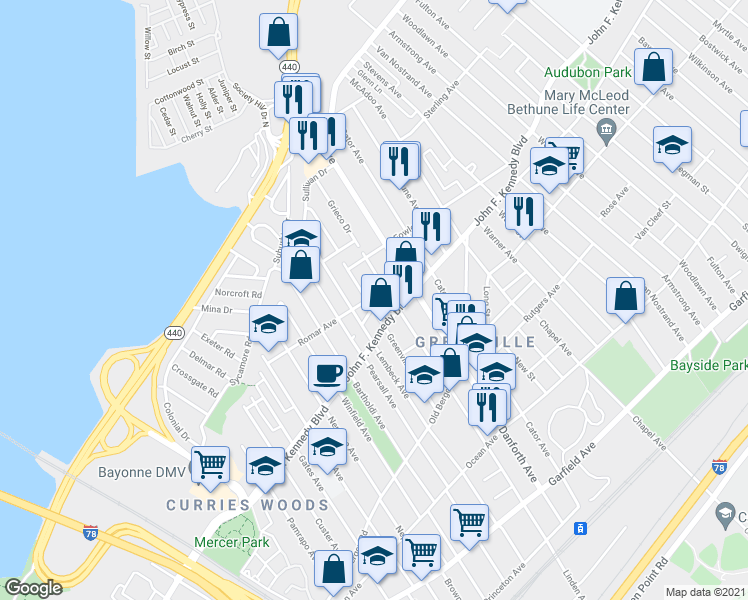 map of restaurants, bars, coffee shops, grocery stores, and more near 1707 John F. Kennedy Boulevard in North Bergen