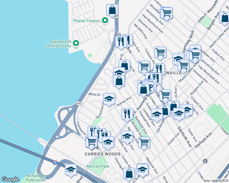 map of restaurants, bars, coffee shops, grocery stores, and more near 330 Winfield Avenue in Jersey City