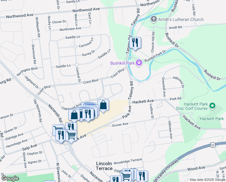 map of restaurants, bars, coffee shops, grocery stores, and more near 13 Eastview Terrace in Easton