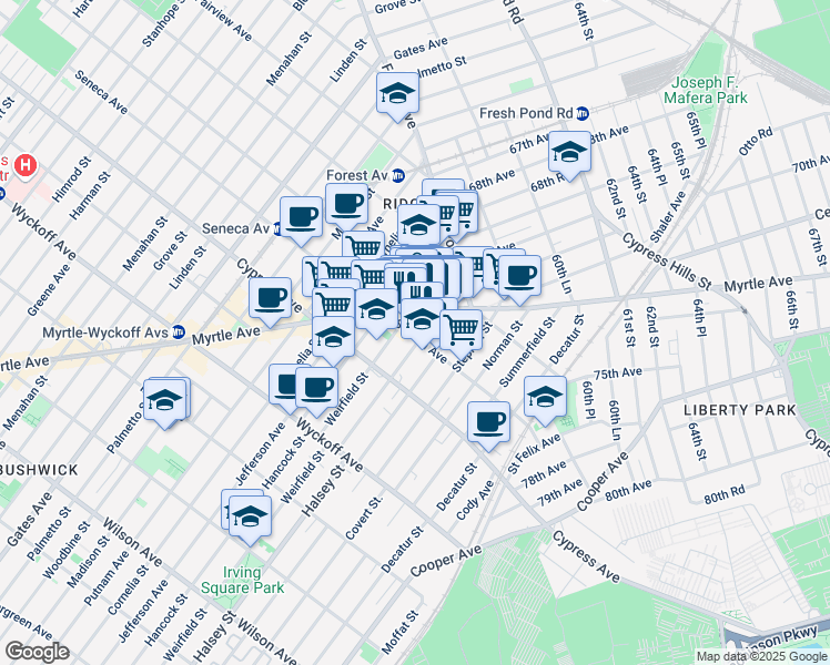 map of restaurants, bars, coffee shops, grocery stores, and more near 979 Seneca Avenue in Queens