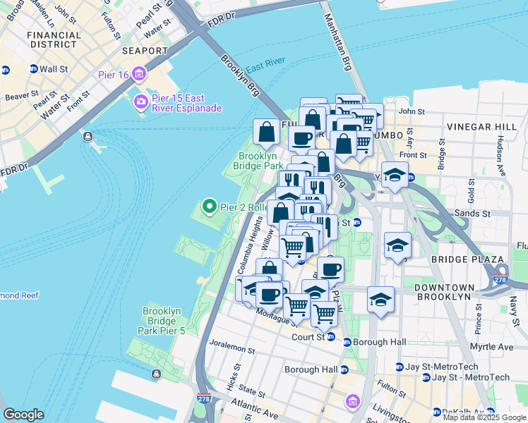 map of restaurants, bars, coffee shops, grocery stores, and more near 97 Columbia Heights in Brooklyn