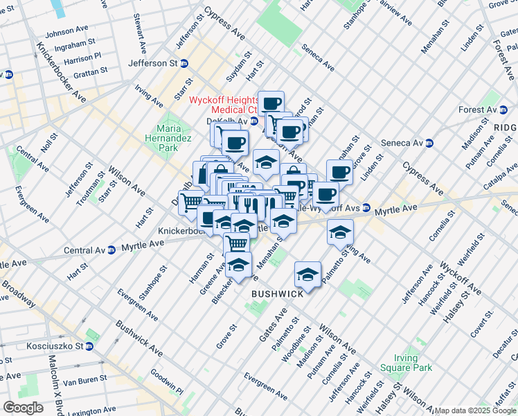 map of restaurants, bars, coffee shops, grocery stores, and more near 1333 Greene Avenue in Brooklyn