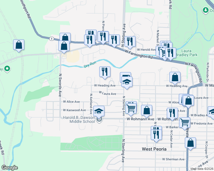 map of restaurants, bars, coffee shops, grocery stores, and more near 2614 West Heading Avenue in West Peoria