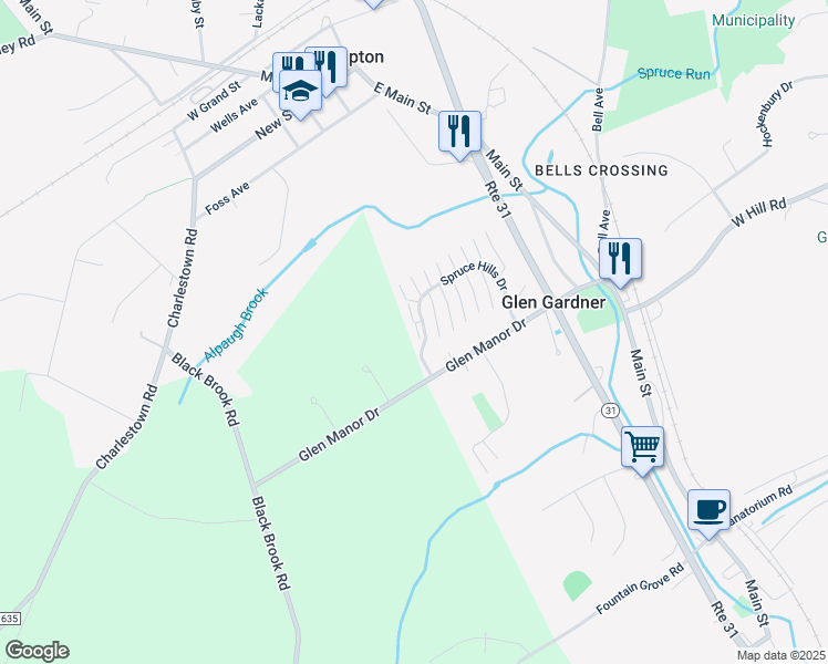 map of restaurants, bars, coffee shops, grocery stores, and more near 2109 Spruce Hills Drive in Glen Gardner