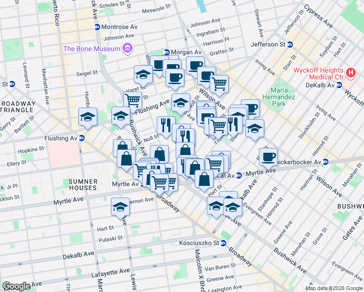 map of restaurants, bars, coffee shops, grocery stores, and more near Evergreen Avenue & Melrose Street in Brooklyn