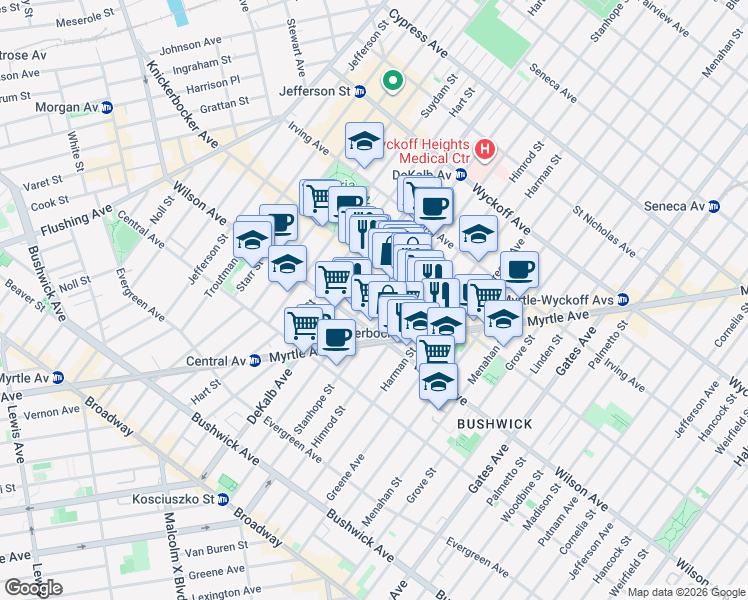 map of restaurants, bars, coffee shops, grocery stores, and more near 184 Stockholm Street in Brooklyn