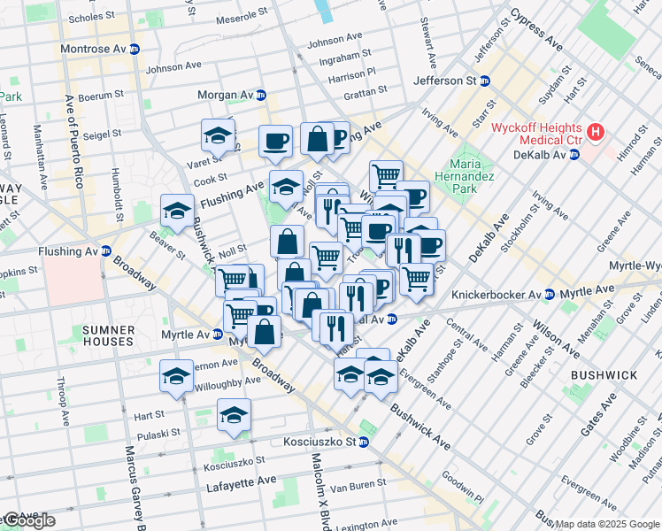 map of restaurants, bars, coffee shops, grocery stores, and more near 132 Jefferson Street in Brooklyn