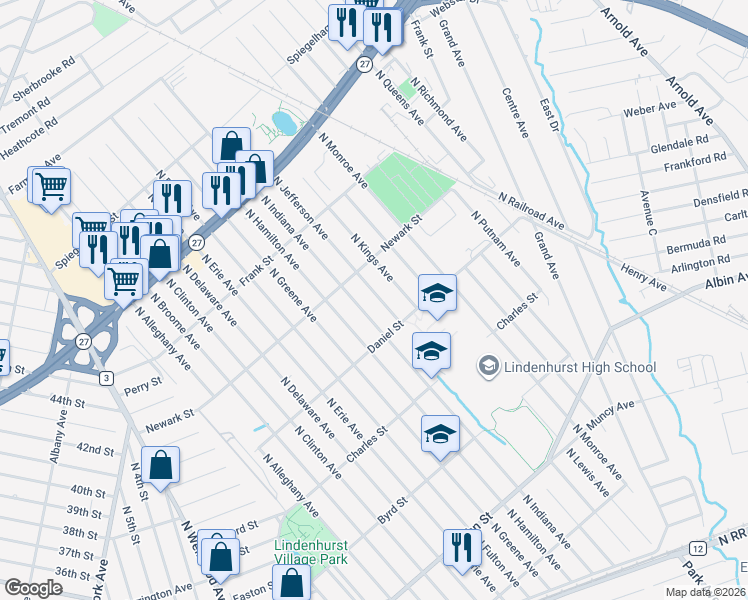 map of restaurants, bars, coffee shops, grocery stores, and more near 553 North Jefferson Avenue in Lindenhurst