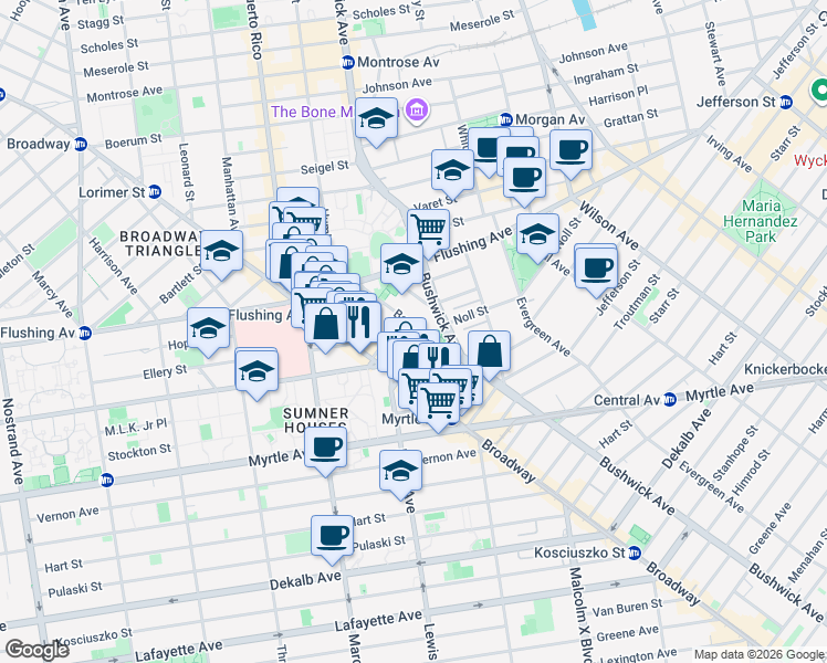 map of restaurants, bars, coffee shops, grocery stores, and more near 24 Park Street in Brooklyn