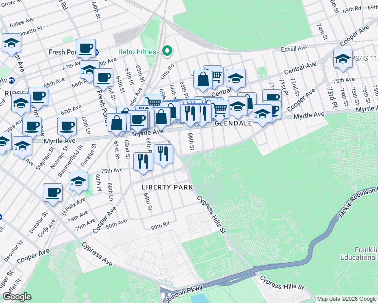 map of restaurants, bars, coffee shops, grocery stores, and more near 48 Cypress Hills Street in Queens