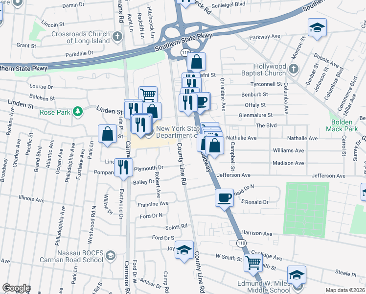 map of restaurants, bars, coffee shops, grocery stores, and more near 807 County Line Road in Amityville