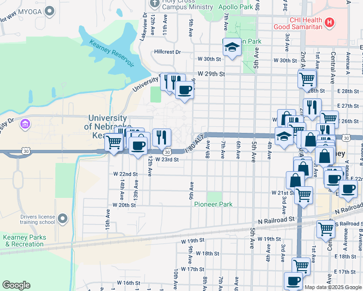 map of restaurants, bars, coffee shops, grocery stores, and more near 997 Lincoln Highway in Kearney
