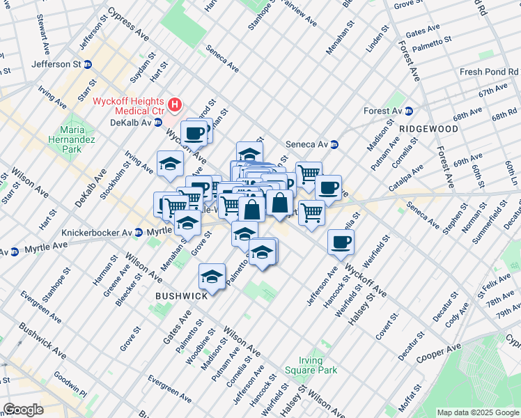 map of restaurants, bars, coffee shops, grocery stores, and more near 1550 Gates Avenue in Brooklyn