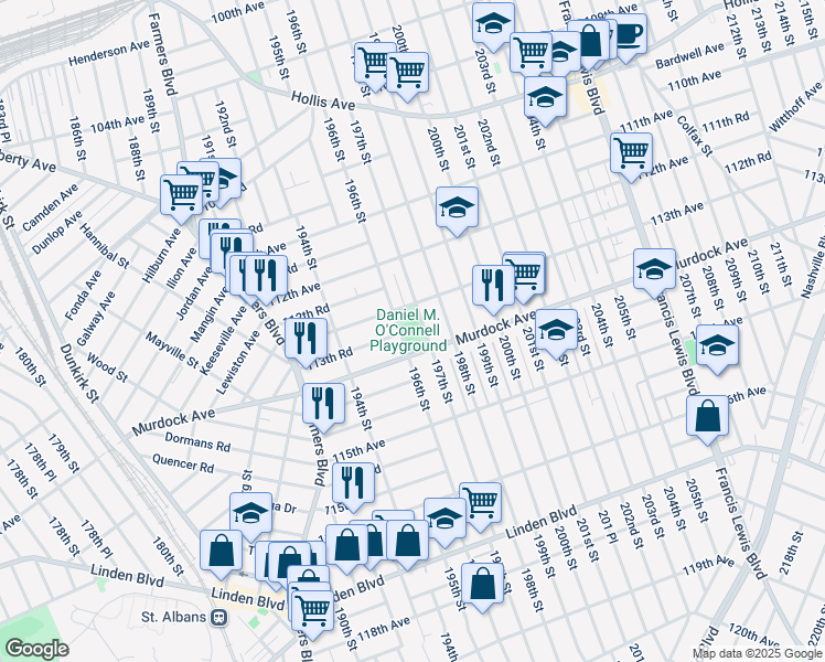 map of restaurants, bars, coffee shops, grocery stores, and more near 113-01 196th Street in Queens