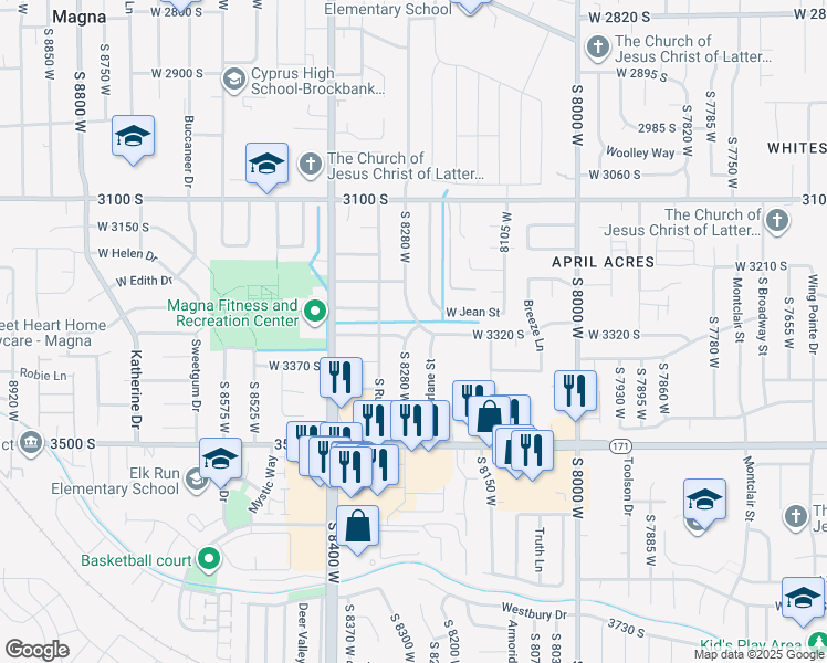 map of restaurants, bars, coffee shops, grocery stores, and more near 3315 South 8280 West in Magna
