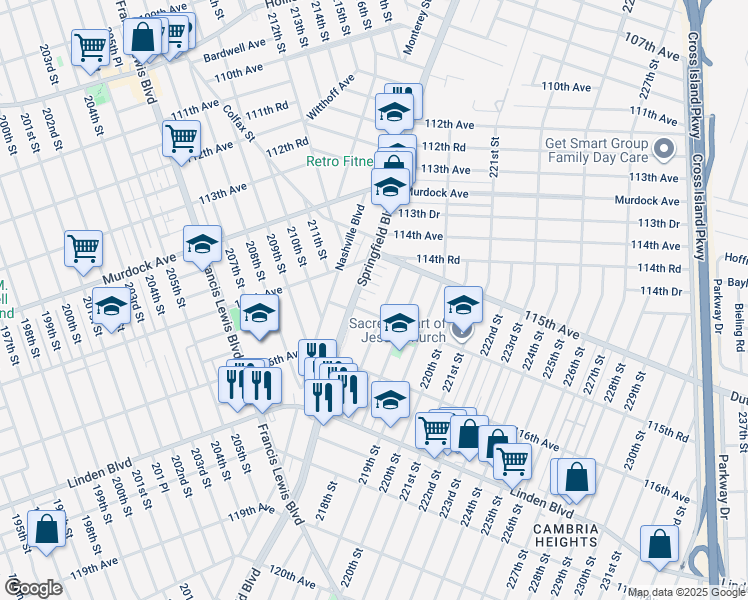 map of restaurants, bars, coffee shops, grocery stores, and more near 216-09 115th Road in Queens