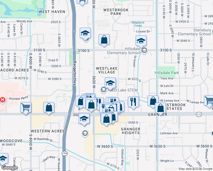 map of restaurants, bars, coffee shops, grocery stores, and more near 3521 Christy Avenue in West Valley City