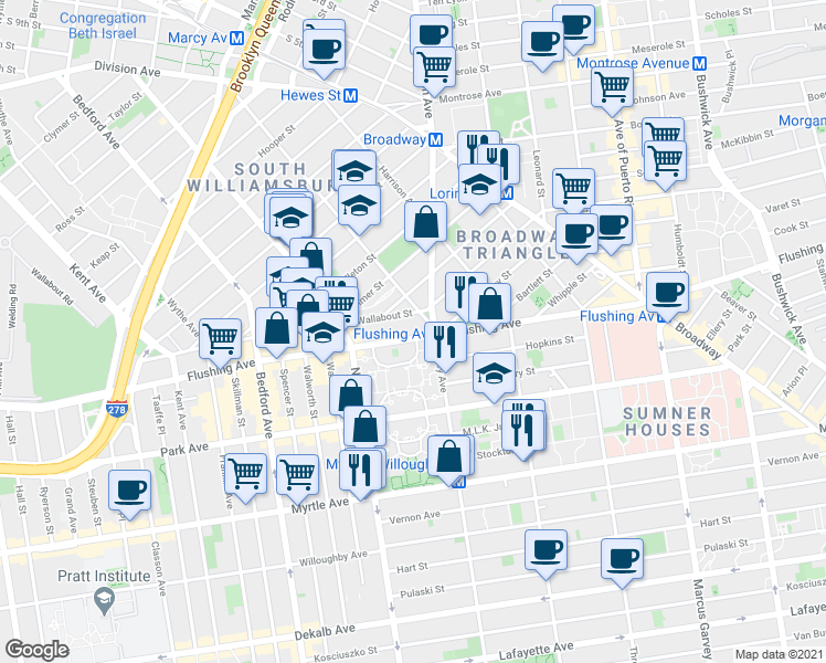 map of restaurants, bars, coffee shops, grocery stores, and more near 593 Flushing Avenue in Brooklyn
