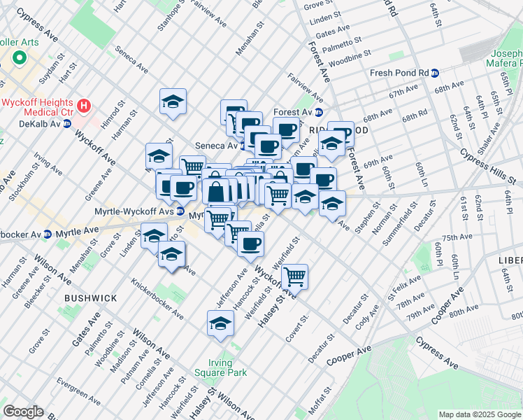 map of restaurants, bars, coffee shops, grocery stores, and more near in Queens