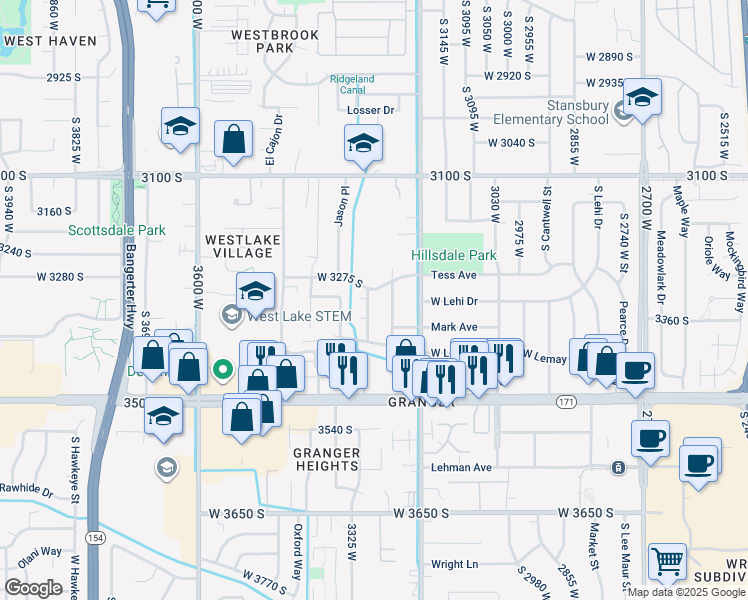 map of restaurants, bars, coffee shops, grocery stores, and more near 3321 Valcrest Drive in West Valley City
