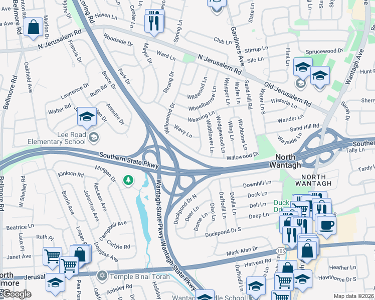 map of restaurants, bars, coffee shops, grocery stores, and more near 194 Willowood Drive in Wantagh