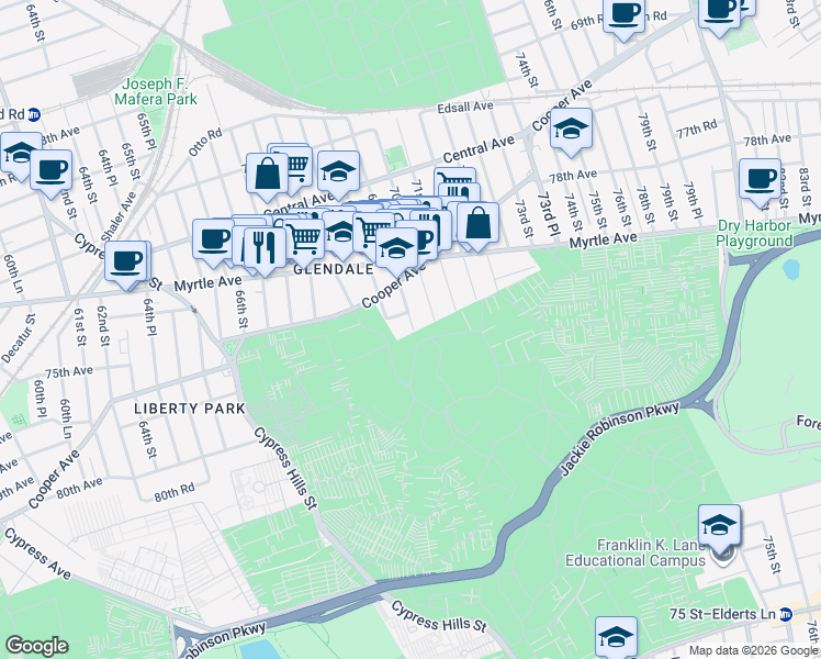 map of restaurants, bars, coffee shops, grocery stores, and more near 76-19 69th Place in Queens