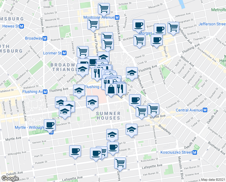 map of restaurants, bars, coffee shops, grocery stores, and more near Broadway & Fayette St in Brooklyn