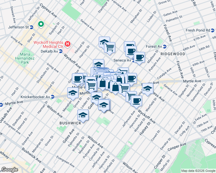 map of restaurants, bars, coffee shops, grocery stores, and more near 331 Wyckoff Avenue in Queens
