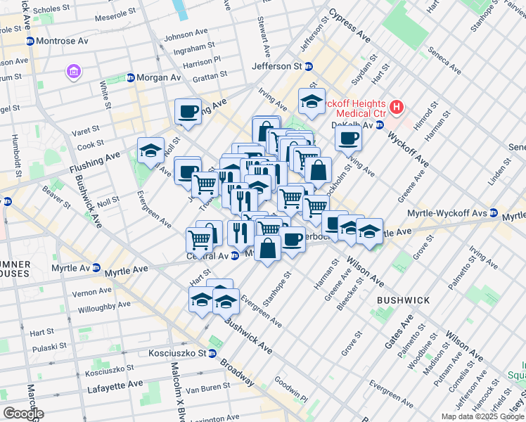 map of restaurants, bars, coffee shops, grocery stores, and more near 172 Suydam Street in Brooklyn