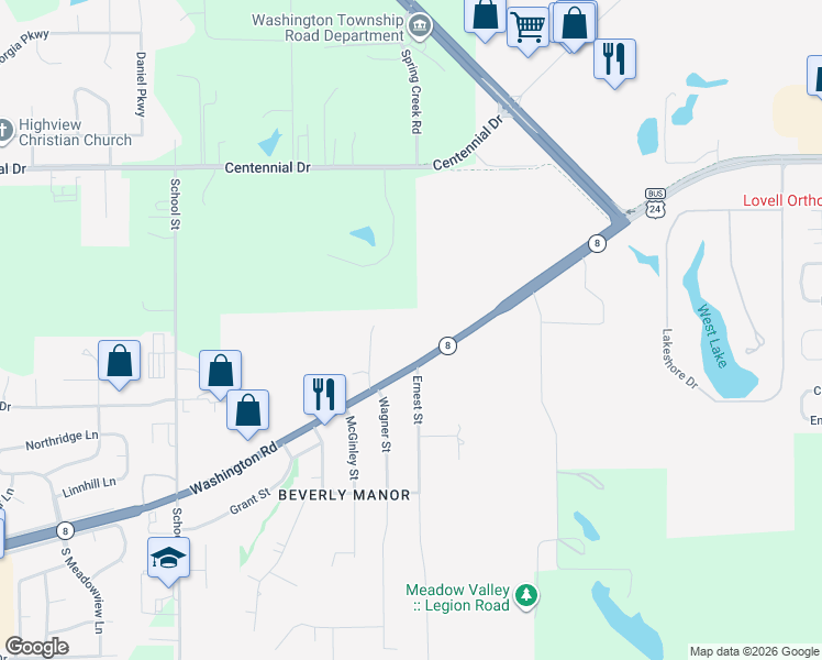 map of restaurants, bars, coffee shops, grocery stores, and more near 2094-2098 Washington Road in Washington