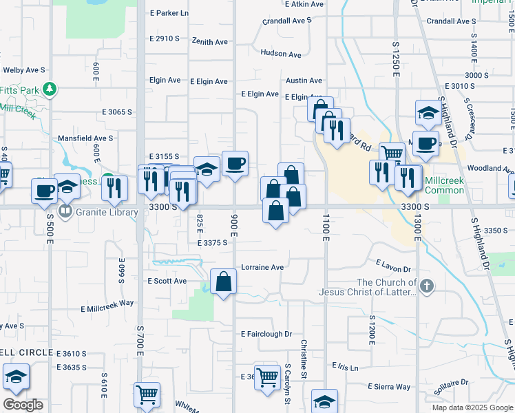 map of restaurants, bars, coffee shops, grocery stores, and more near 4418 South 945 East in Salt Lake City