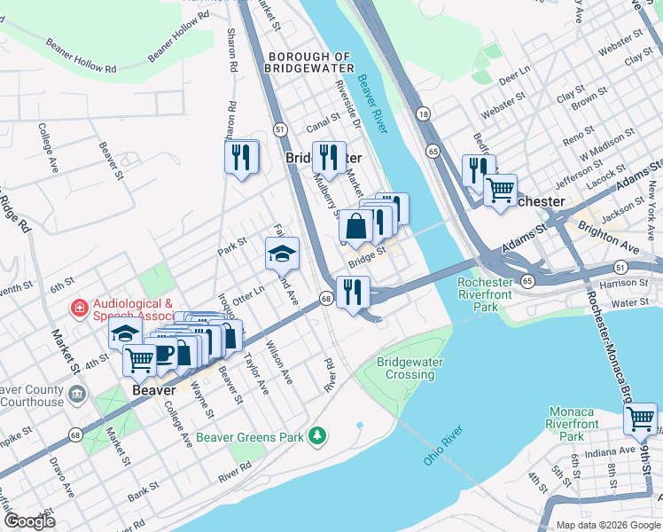 map of restaurants, bars, coffee shops, grocery stores, and more near 408 Bridge Street in Beaver