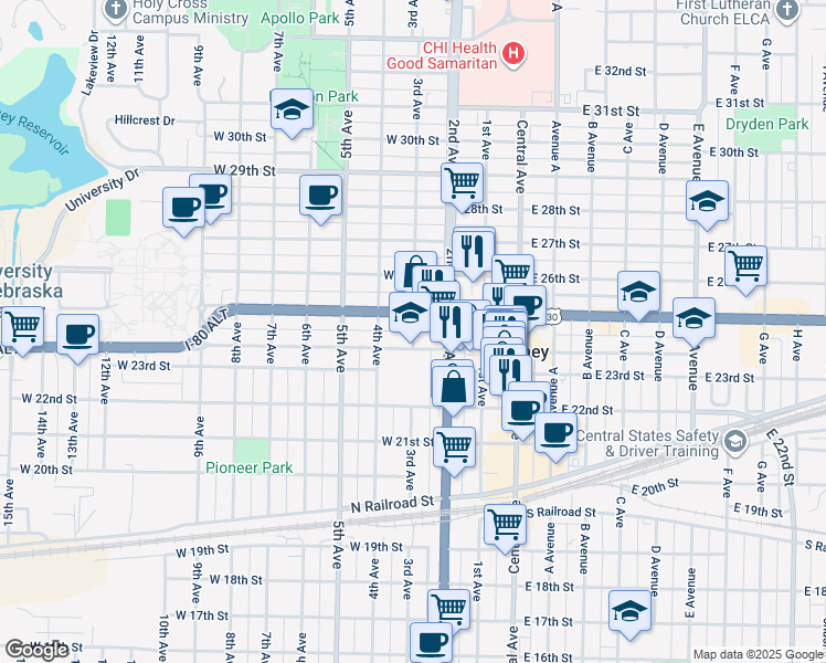 map of restaurants, bars, coffee shops, grocery stores, and more near 300 West 24th Street in Kearney
