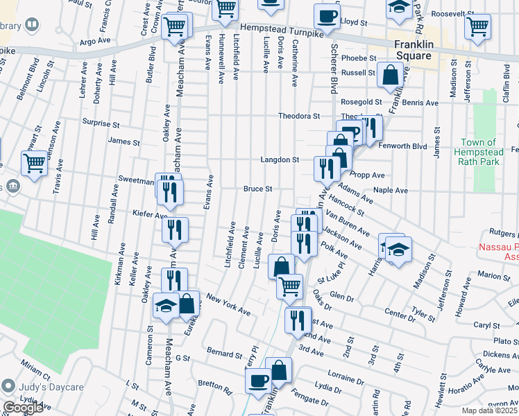 map of restaurants, bars, coffee shops, grocery stores, and more near 339 Clement Avenue in Elmont