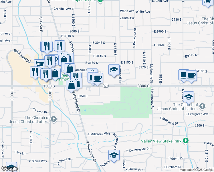 map of restaurants, bars, coffee shops, grocery stores, and more near 1594 3300 South in Salt Lake City